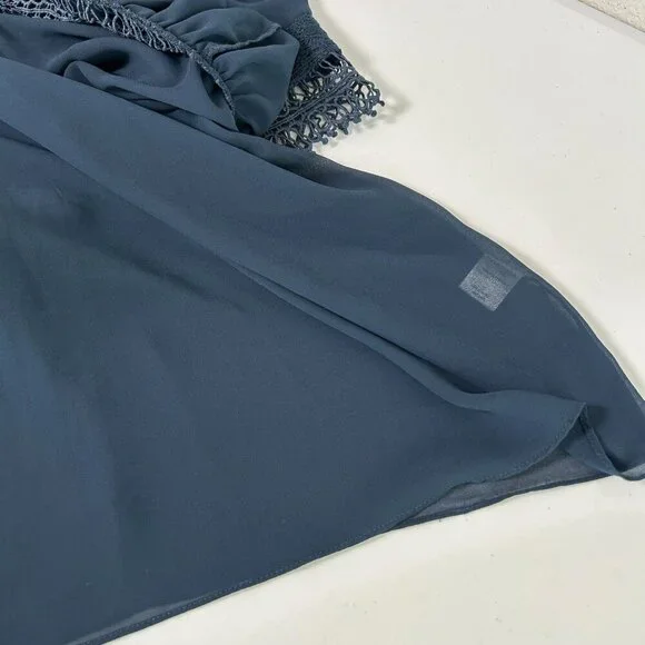 Tularosa Mini Dress Size M Navy Blue Lace Ruffle Trim Lined Elbow Sleeve Zip - Picture 12 of 14